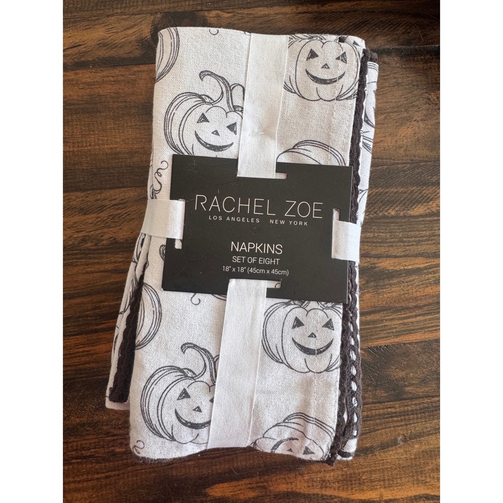 Rachel Zoe Halloween Pumpkin Napkins Set of 8 Metallic Crochet Trim 18x18 NEW